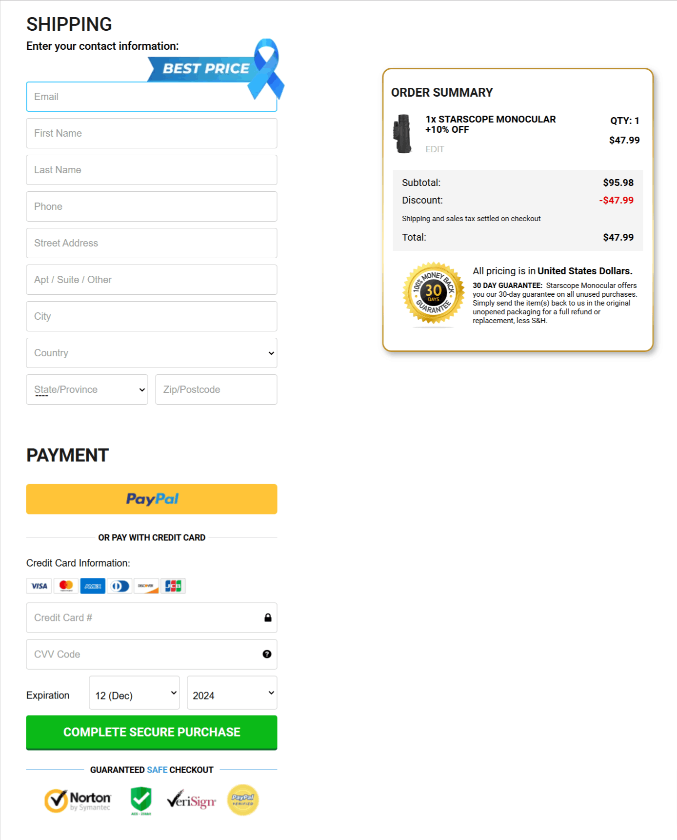 Starscope Monocular checkout page